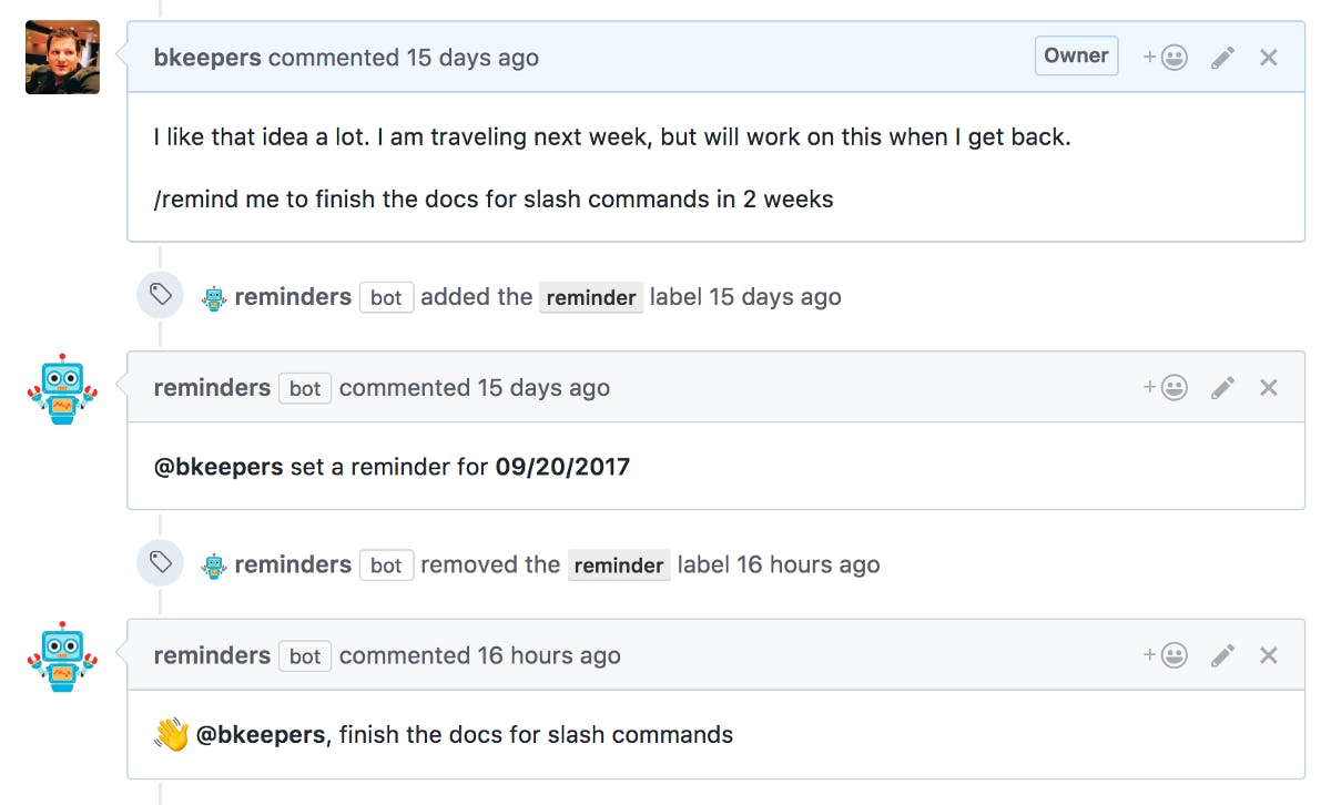 Example of a reminder opened by the reminder bot