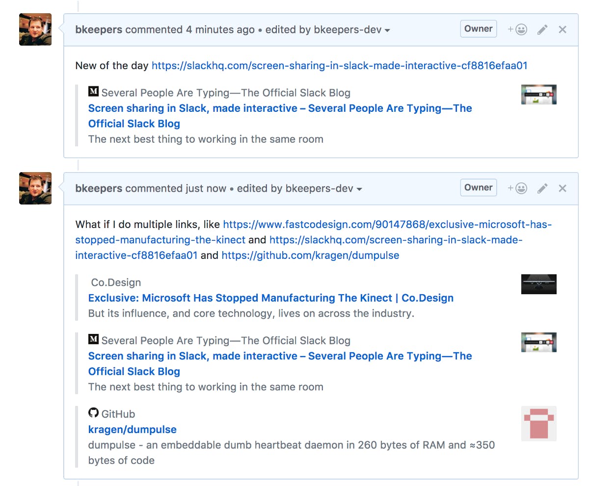 Example of links unfurled by Unfurl Links Bot